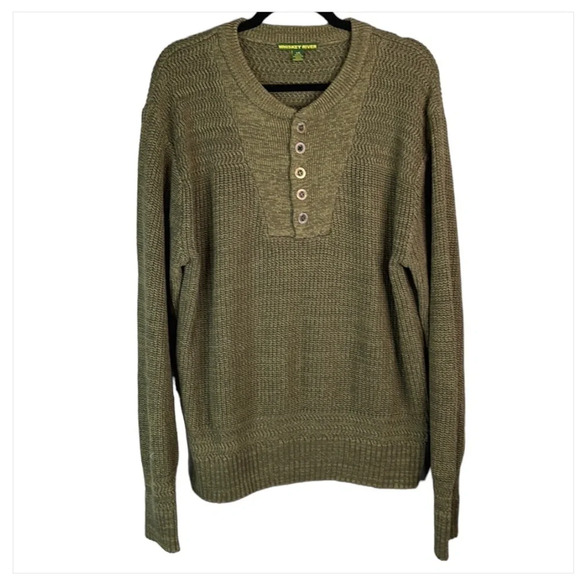 Vintage Other - .Vintage Whiskey River Mens Dark Olive Green Henley Button Neck Knit Sweater L